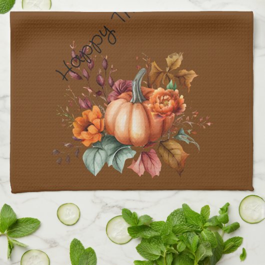 Bruin Happy Thanksgiving Pompoen Herfst Bloemen Theedoek (Gevouwen)
