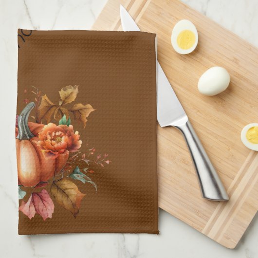 Bruin Happy Thanksgiving Pompoen Herfst Bloemen Theedoek (Quarter Fold)