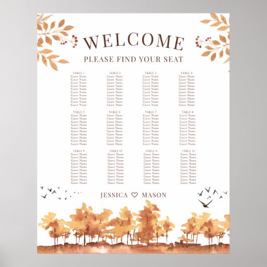 Bruin Herfst Herfstlandschap Bruiloft Zittingkaart Poster (Voorkant)