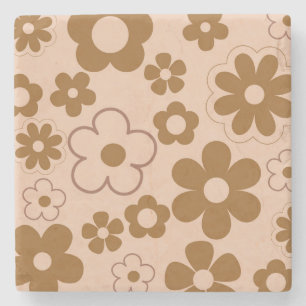 Bruin Herfst Retro Y2K Hippie Bloempatroon Stenen Onderzetter