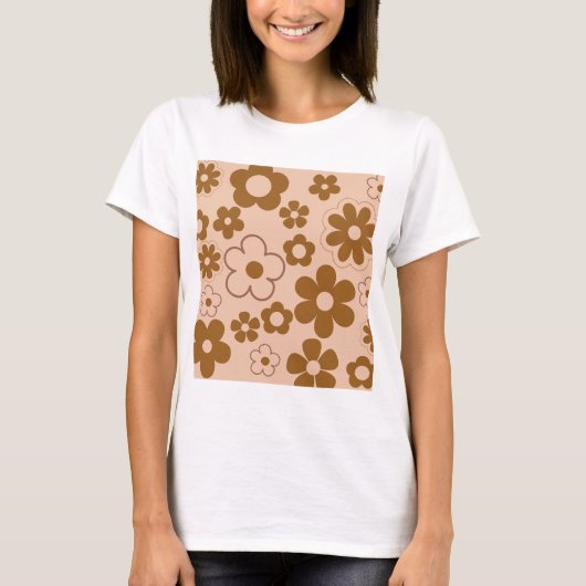 Bruin Herfst Retro Y2K Hippie Bloempatroon T-shirt (Voorkant)