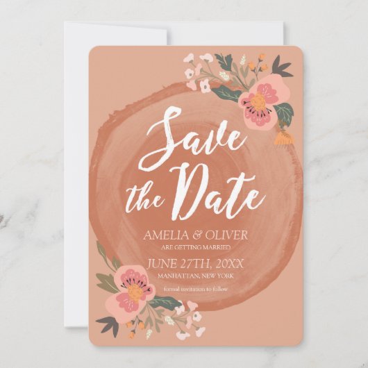 Bruin hout bijtende Floral bespaart de datum Kaart (Voorkant)