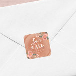 Bruin hout bijtende Floral bespaart de datum Vierkante Sticker<br><div class="desc">Deze bijtende sticker Save the Date Square is voorzien van een mooie floral tegen een bruine houten achtergrond. Ze zijn perfect voor een ritueel. Gebruik het om uw enveloppen af te dichten, voor zakken of voor decoratie. Bekijk andere overeenkomende trouwerijobjecten, inclusief uitnodigingen hier http://www.zazzle.com/collections/brown_wood_rustic_floral_wedding_collection-119146535042869019?rf=238364477188679314. Pas deze aan met je details...</div>