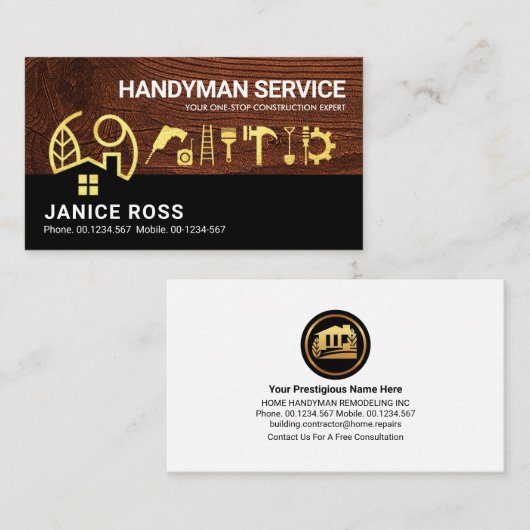 Bruin hout Gold Home Handyman Tools Visitekaartje (Voorkant / Achterkant)