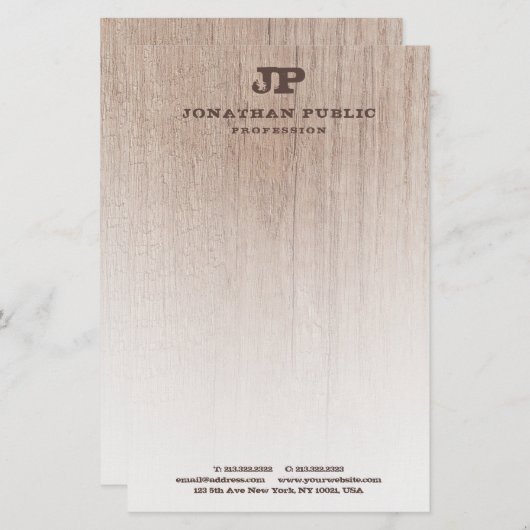 Bruin hout Kijk Monogram Elegant Sjabloon Briefpapier (Voorkant / Achterkant)
