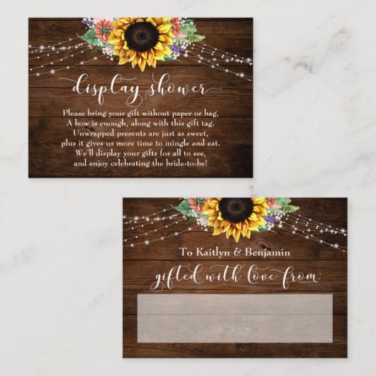 Bruin hout Licht Zonnebloemdisplay Vrijgezellenfee Informatiekaartje (Voorkant / Achterkant)