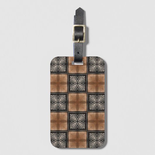 Bruin Hout op Zwart Grid Check Bagagelabel (Voorkant (verticaal))
