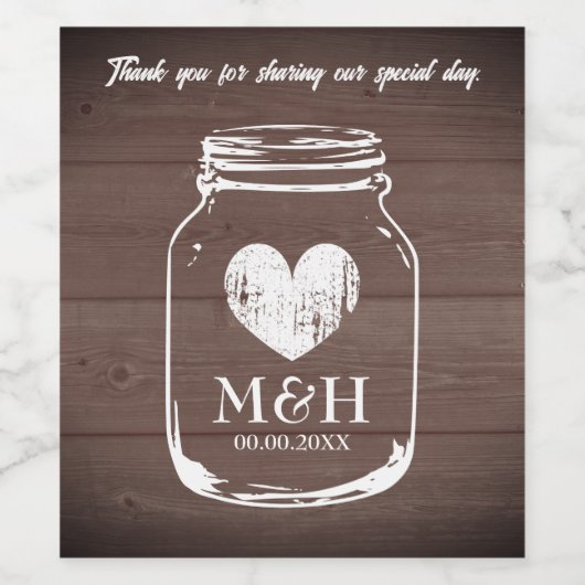 Bruin hout platteland bruiloft mason jar wijn etiket (Enkel label)