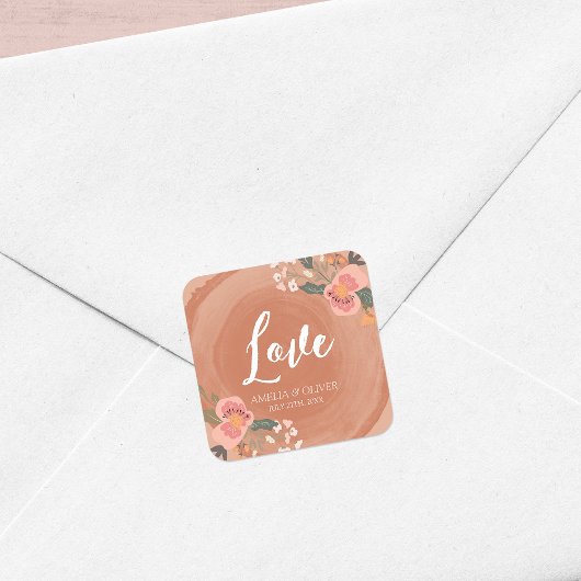 Bruin hout - Roestelijke Floral Wedding Love Vierkante Sticker
