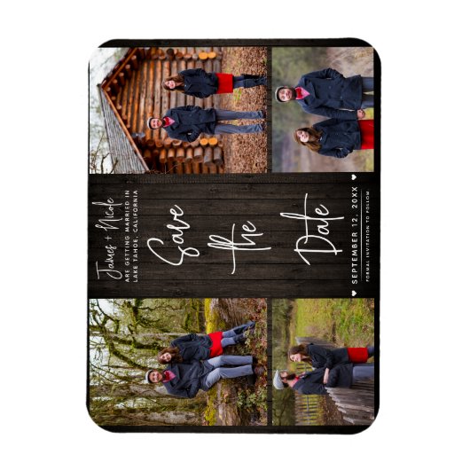 Bruin Hout Rustiek 4 Foto's Save the Date Bruiloft Magneet (Verticaal)