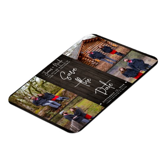 Bruin Hout Rustiek 4 Foto's Save the Date Bruiloft Magneet (Linkerzijde)