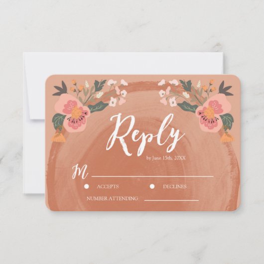 Bruin Hout Rustiek Bloemen Bruiloft RSVP Reageer (Voorkant)