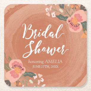 Bruin Hout Rustiek Bloemen Vrijgezellenfeest Vierk Kartonnen Onderzetters