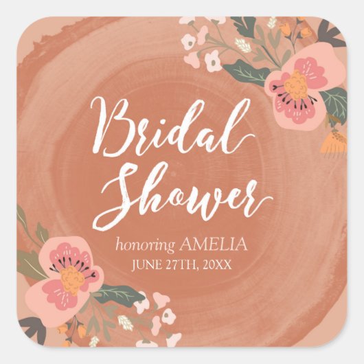 Bruin Hout Rustiek Bloemen Vrijgezellenfeest Vierk Vierkante Sticker (Voorkant)