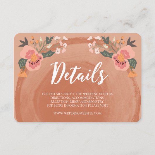 Bruin Hout Rustieke Bloemen Bruiloft Details Informatiekaartje (Voorkant)