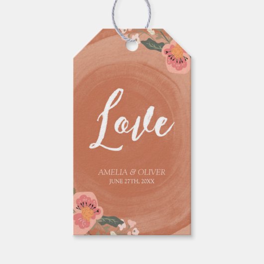 Bruin Hout Rustieke Bloemen Liefde Bruiloft Cadeaulabel (Voorkant)