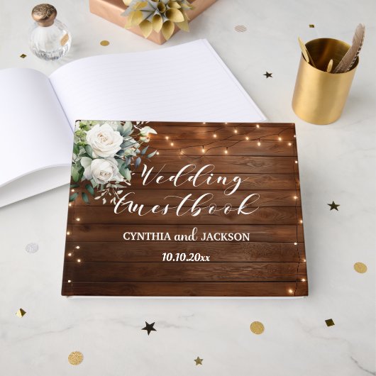 Bruin Hout Rustieke String Lights Bloemen Huwelijk Gastenboek (Voorkant open)