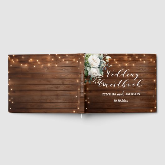 Bruin Hout Rustieke String Lights Bloemen Huwelijk Gastenboek (Volledig)