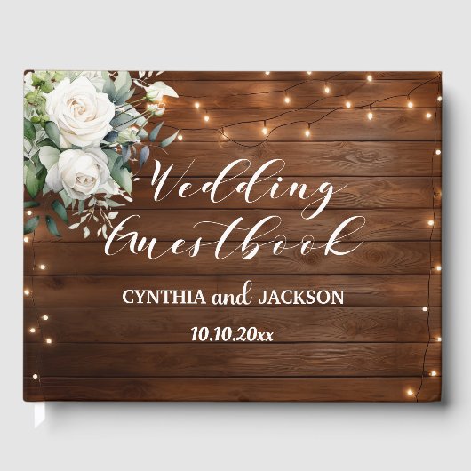 Bruin Hout Rustieke String Lights Bloemen Huwelijk Gastenboek (Voorkant)