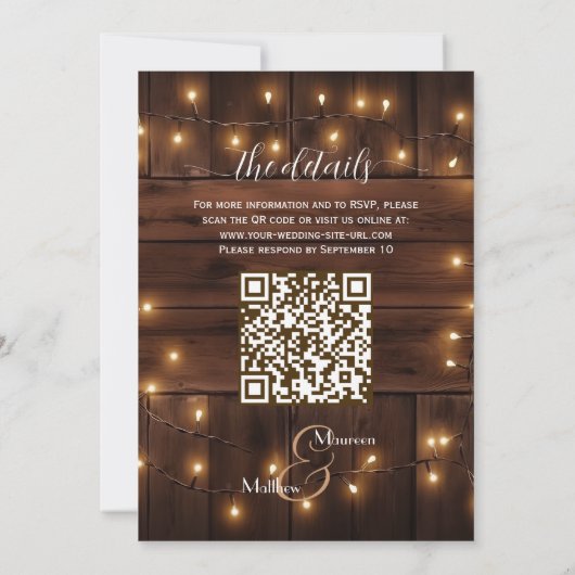 Bruin Hout Rustieke String Lights QR Code Huwelijk Kaart (Achterkant)