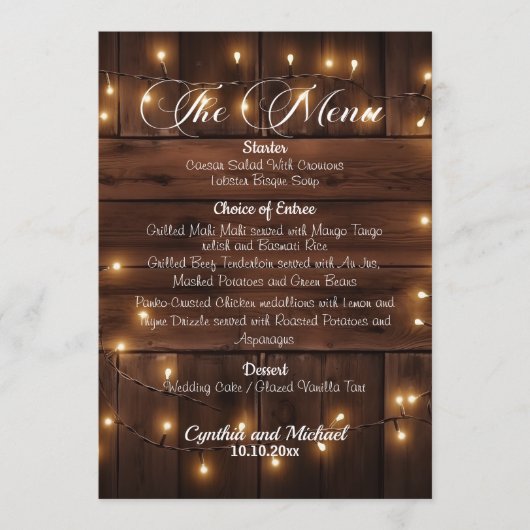 Bruin Hout Rustieke String Lights Wedding Menu (Voorkant)