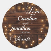 Bruin Hout Rustieke String Lights Wedding Ronde Sticker (Voorkant)