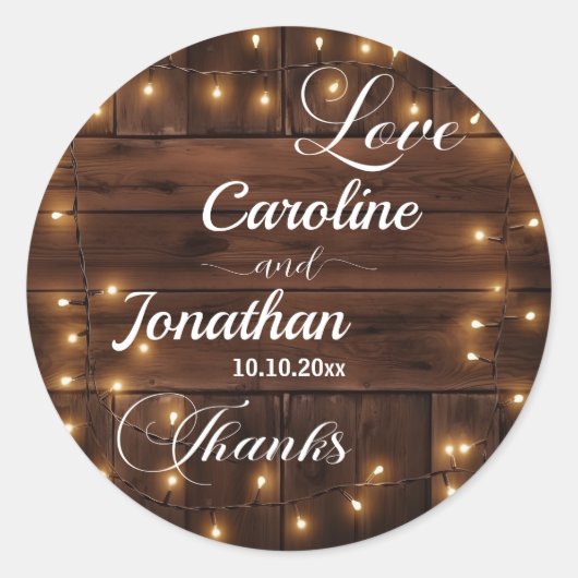 Bruin Hout Rustieke String Lights Wedding Ronde Sticker (Voorkant)