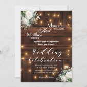 Bruin Hout String Lichten Witte Rozen Huwelijk Kaart (Voorkant)