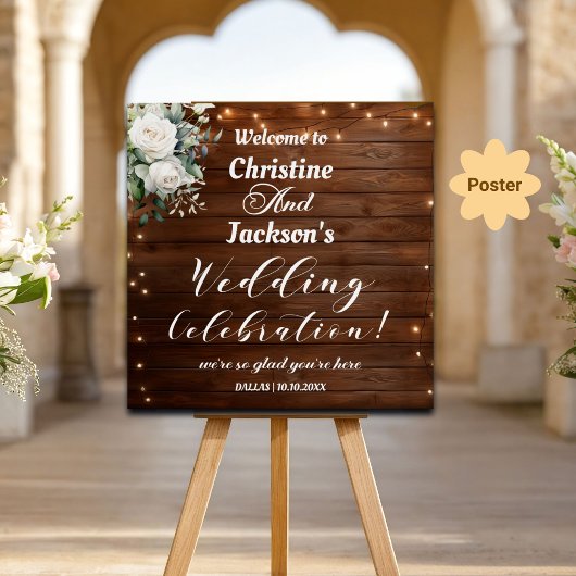 Bruin Hout String Lights Huwelijk Welkom Poster