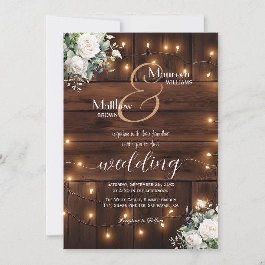 Bruin Hout String Lights QR Code Rozen Wedding Kaart (Voorkant)