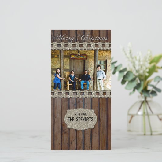 Bruin Hout Zilver Country Foto Kerst Kaart (Staand voorkant)