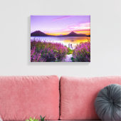 Bruin houten dok tussen lavendel bloemenveld canvas afdruk (Insitu (Woonkamer))