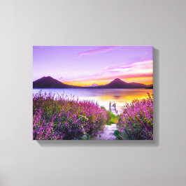 Bruin houten dok tussen lavendel bloemenveld canvas afdruk