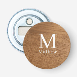 bruin houten frame rustieke naam monogram patroon button flesopener