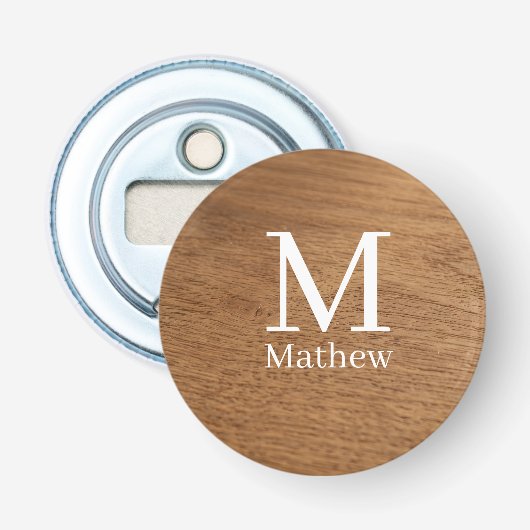 bruin houten frame rustieke naam monogram patroon  button flesopener (Voorkant)