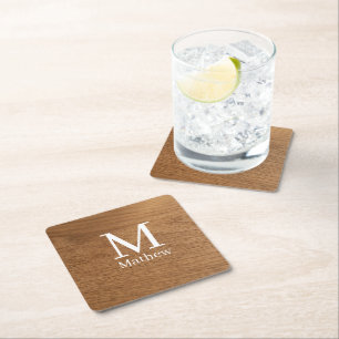 bruin houten frame rustieke naam monogram patroon  kartonnen onderzetters