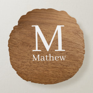 bruin houten frame rustieke naam monogram patroon rond kussen