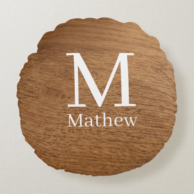bruin houten frame rustieke naam monogram patroon  rond kussen (Voorkant)