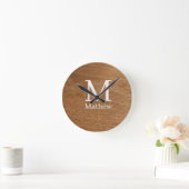 bruin houten frame rustieke naam monogram patroon  ronde klok (Huis)
