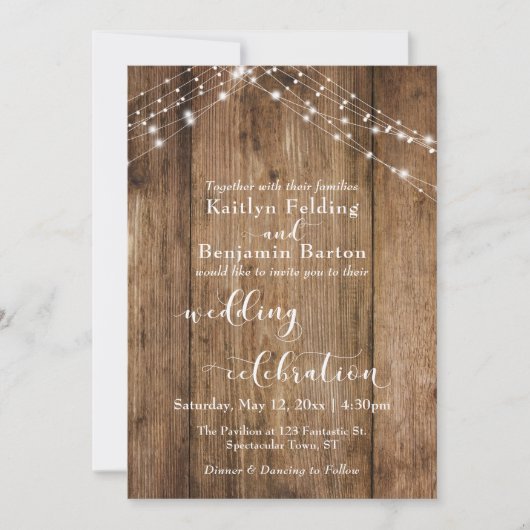 Bruin Houten Lichten Huwelijksviering Kalligrafie Kaart (Voorkant)