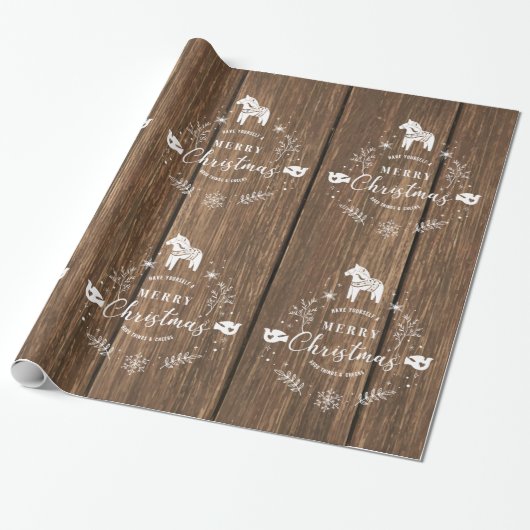 Bruin houten planken met witte kerstversiering cadeaupapier (Uitgerold)