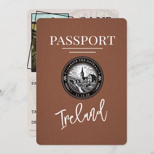 Bruin Ierland Paspoort Bewaar de datum Save The Date (Voorkant / Achterkant)