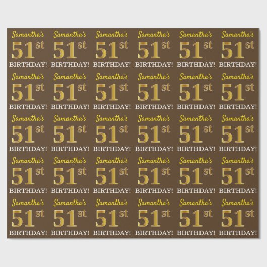 Bruin, Imitatie Goud Kijk "51e VERJAARDAG" Cadeaupapier (Vlak)