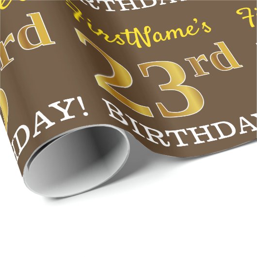 Bruin, Imitatie Goud Look "23e VERJAARDAG" Cadeaupapier (Rol Hoek)