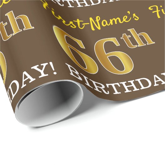 Bruin, Imitatie Goud Look "66th BIRTHDAY" Cadeaupapier (Rol Hoek)