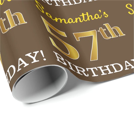 Bruin, Imitatie Gouden Look "57ste VERJAARDAG" Cadeaupapier (Rol Hoek)