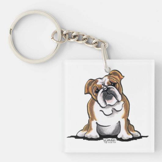 Bruin in White English Bulldog Sit  Sleutelhanger (voorkant)