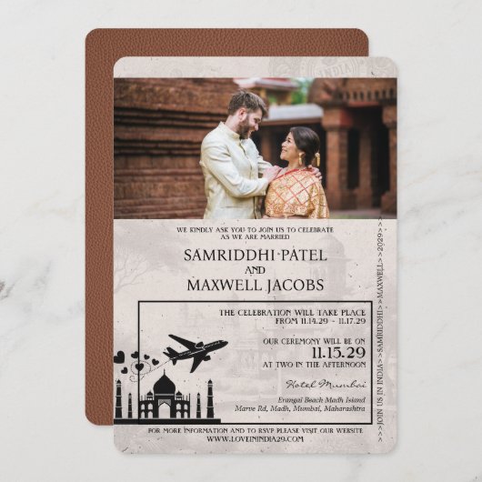 Bruin India Paspoort bruiloft uitnodiging (Voorkant / Achterkant)