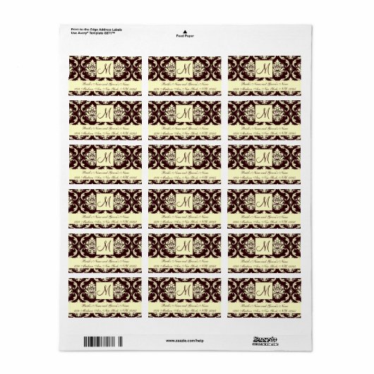Bruin Ivoor Damast Monogram Bruiloft Adresetikette Etiket (Full Sheet)