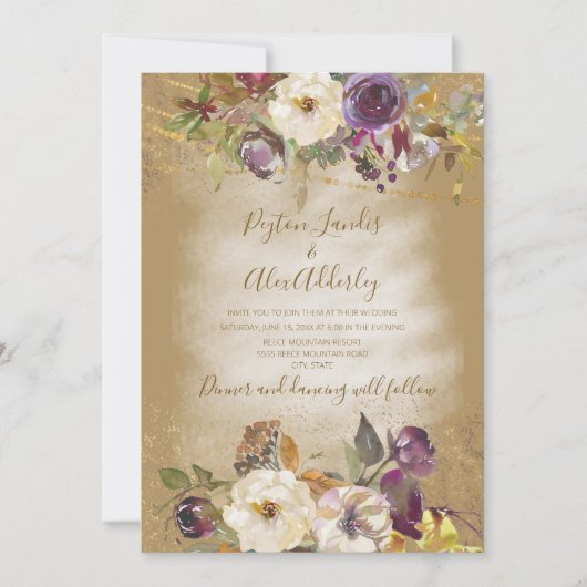 Bruin Ivory Paarse Floral Glitter Wedding Kaart (Voorkant)